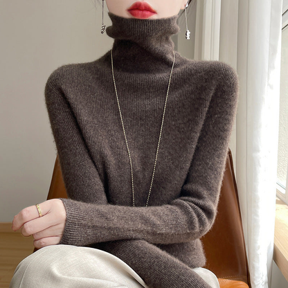 Pull col roulé femme près du corps en maille fine extensible – Taupe