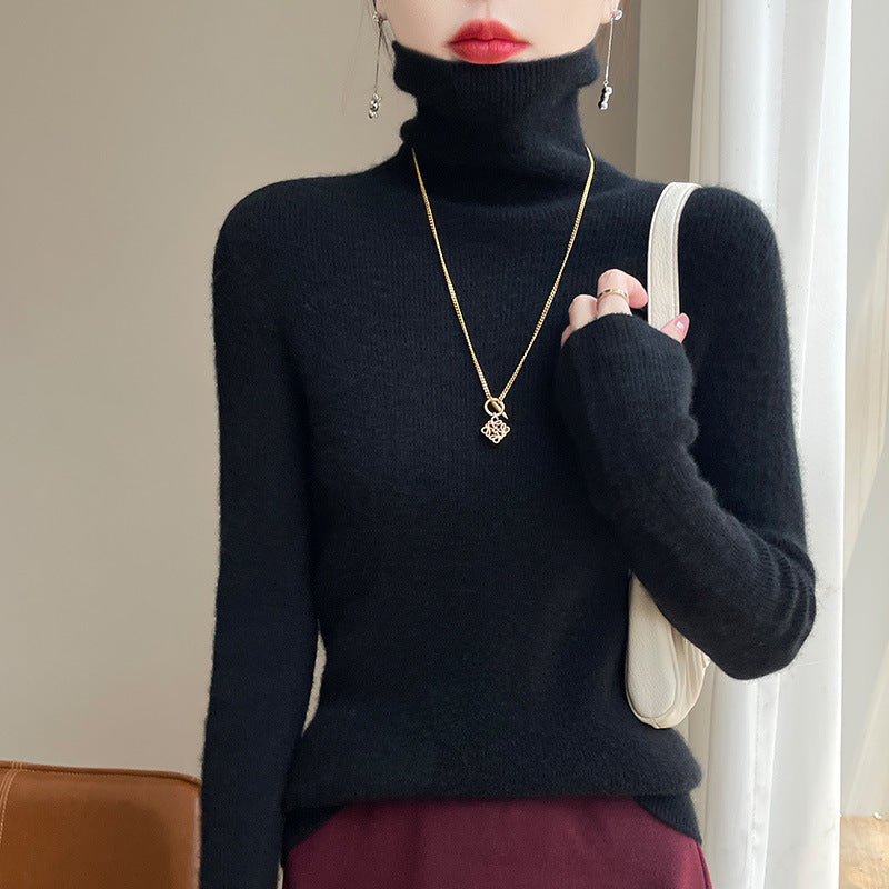 Pull col roulé femme près du corps en maille fine extensible – Noir