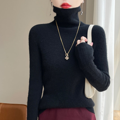 Pull col roulé femme près du corps en maille fine extensible – Noir