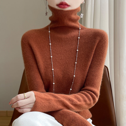 Pull col roulé femme près du corps en maille fine extensible – Caramel clair