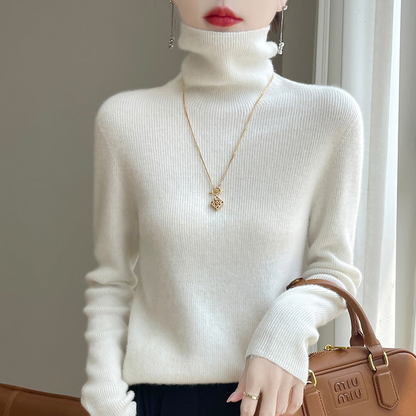 Pull col roulé femme près du corps en maille fine extensible – Ivoire