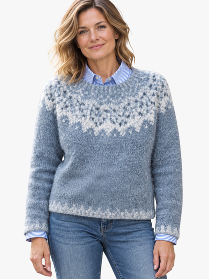 Pull de Noël femme à motif flocons et col rond, aspect chiné
