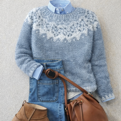 Pull de Noël femme à motif flocons et col rond, aspect chiné – Bleu ciel