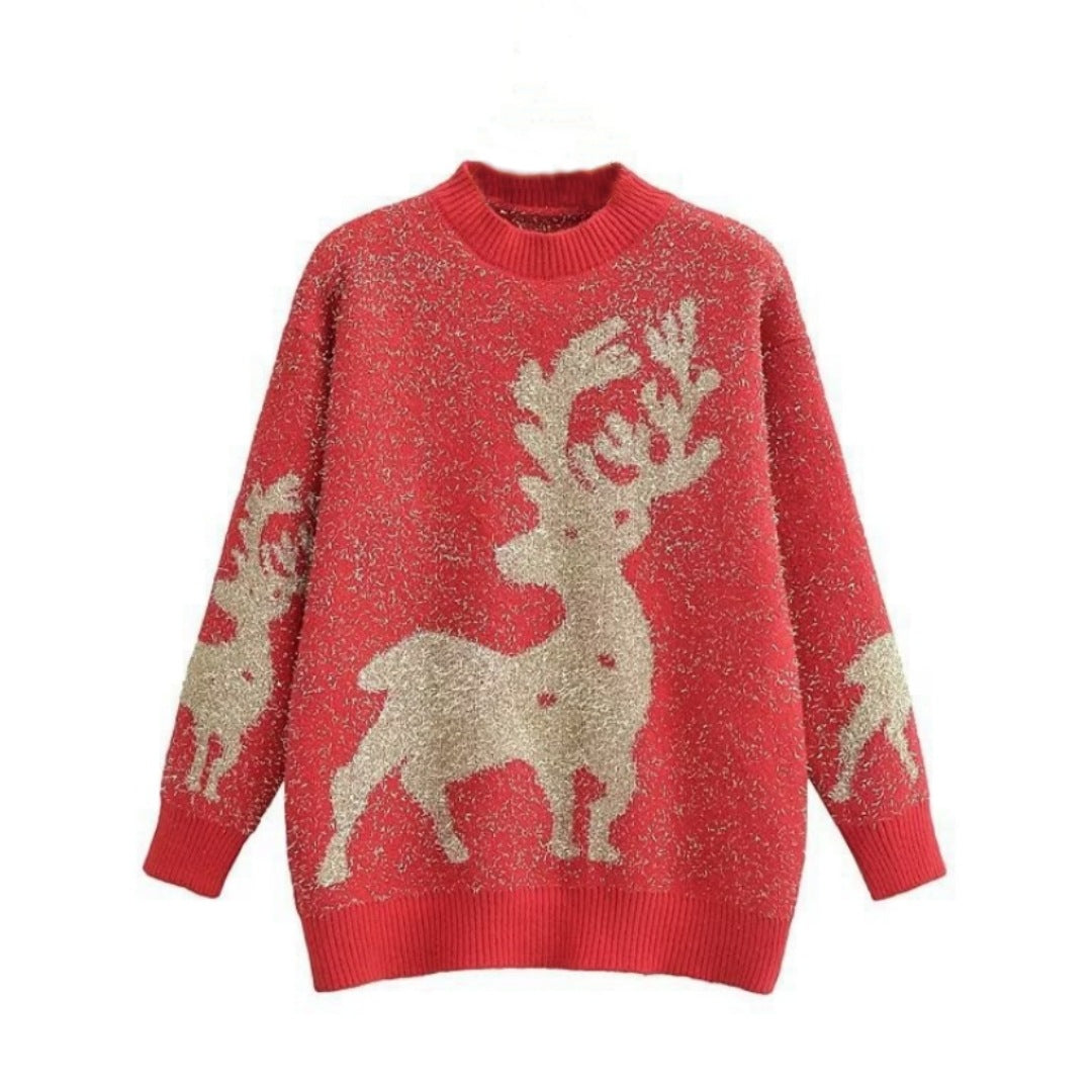 Pull de Noël femme à motif renne en relief – Rouge
