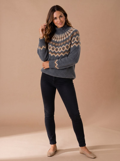 Pull de Noël femme col roulé en maille jacquard Fair Isle – Gris