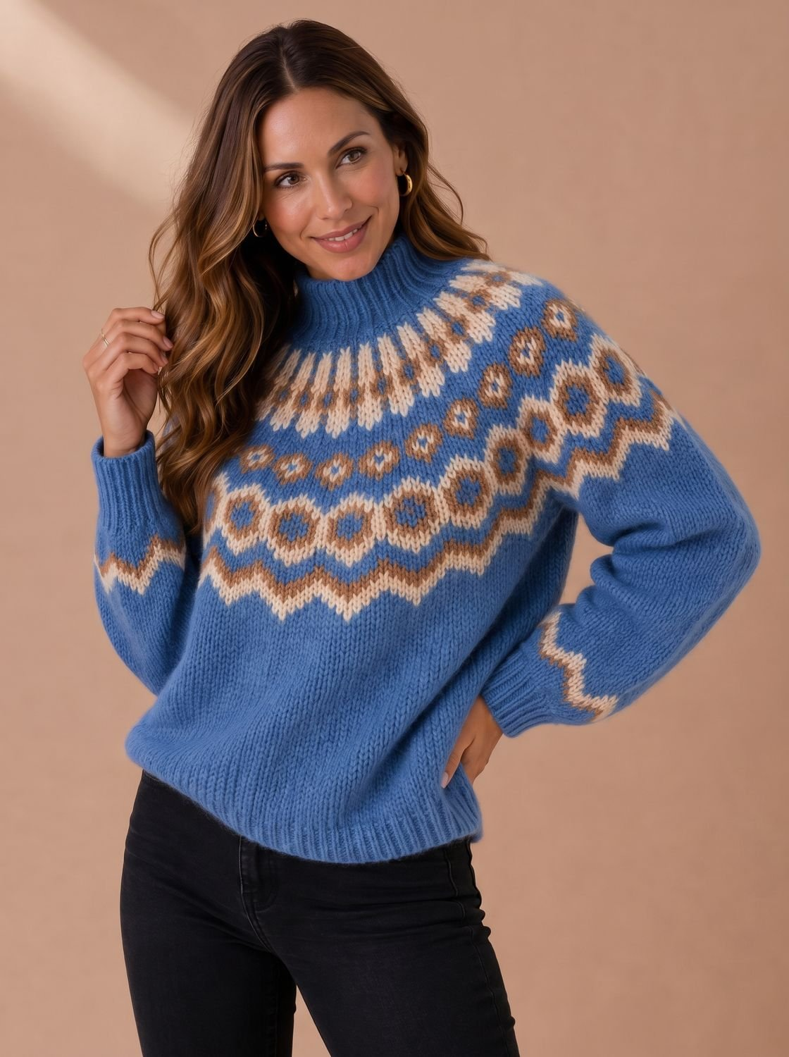 Pull de Noël femme col roulé en maille jacquard Fair Isle – Bleu
