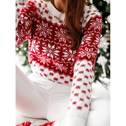 Pull de Noël femme jacquard Fair Isle, col rond et coupe ample – Rouge foncé