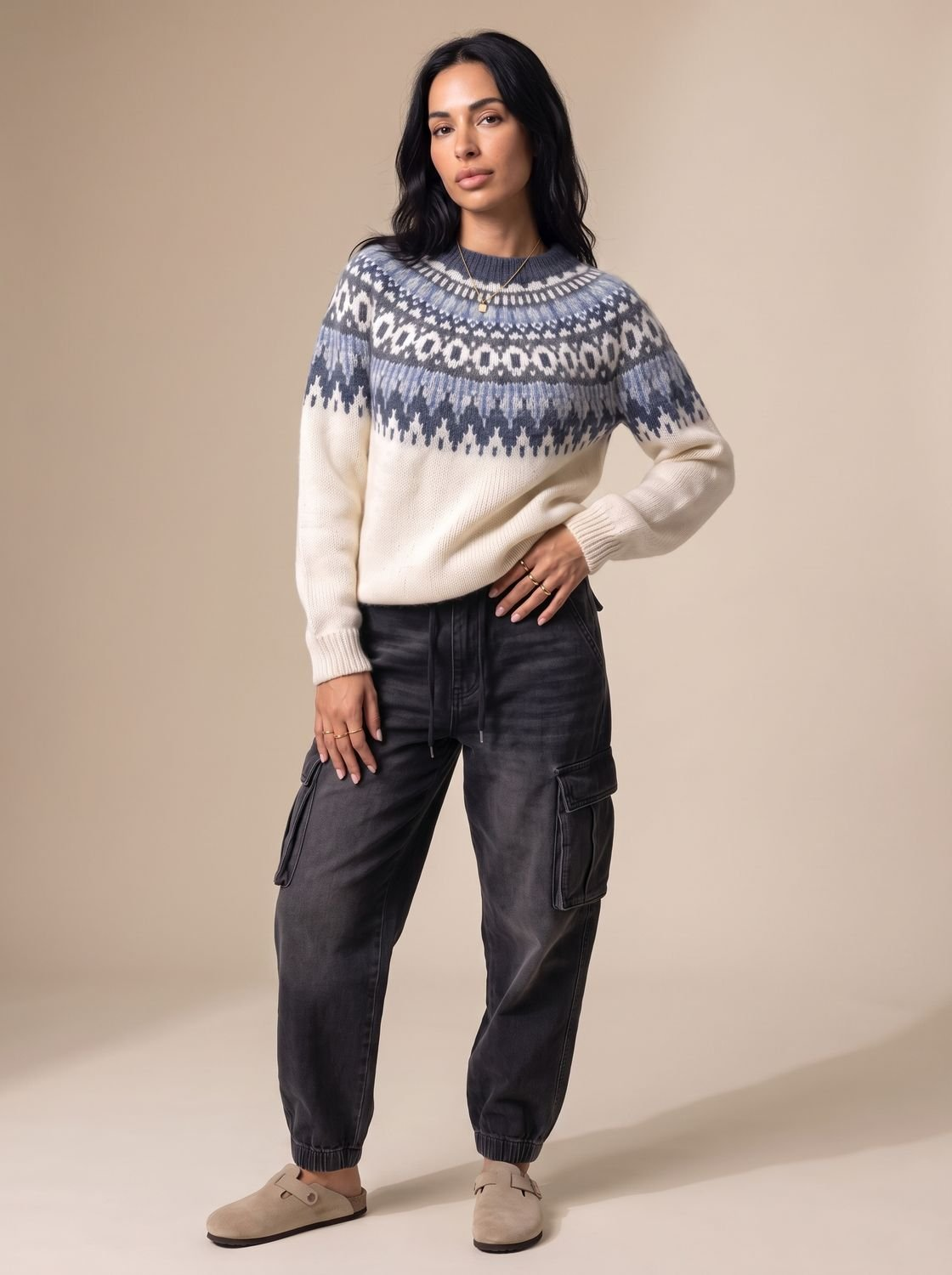 Pull de Noël femme jacquard nordique à col rond – Bleu