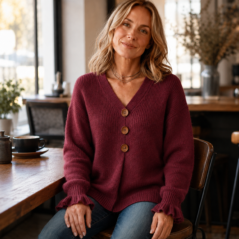 Pull femme col V boutonné en maille douce