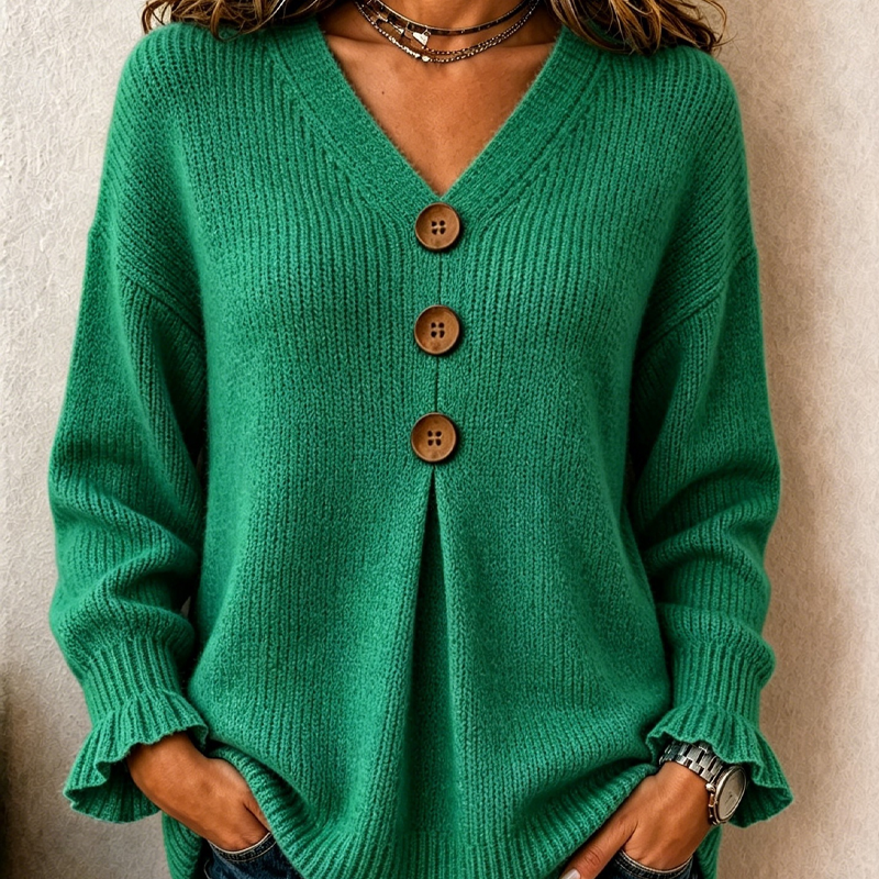 Pull femme col V boutonné en maille douce – Vert
