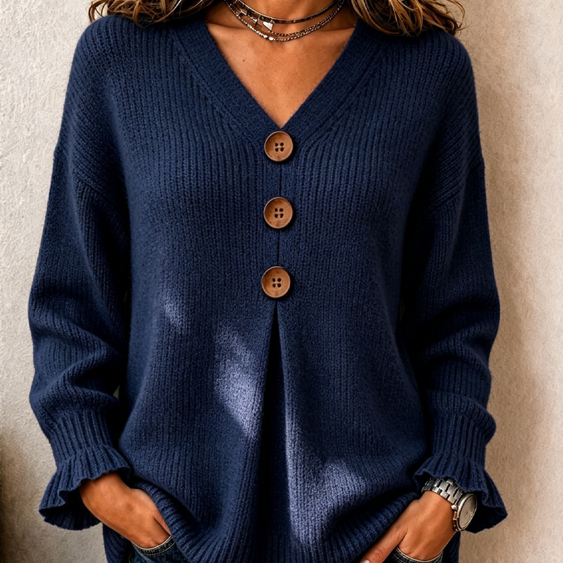 Pull femme col V boutonné en maille douce – Bleu marine