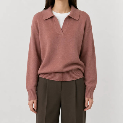 Pull femme col V en maille souple à manches longues – Rose