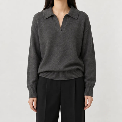 Pull femme col V en maille souple à manches longues – Gris foncé