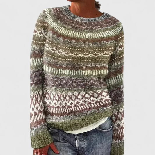 Pull femme col rond à motif jacquard fair isle – Vert