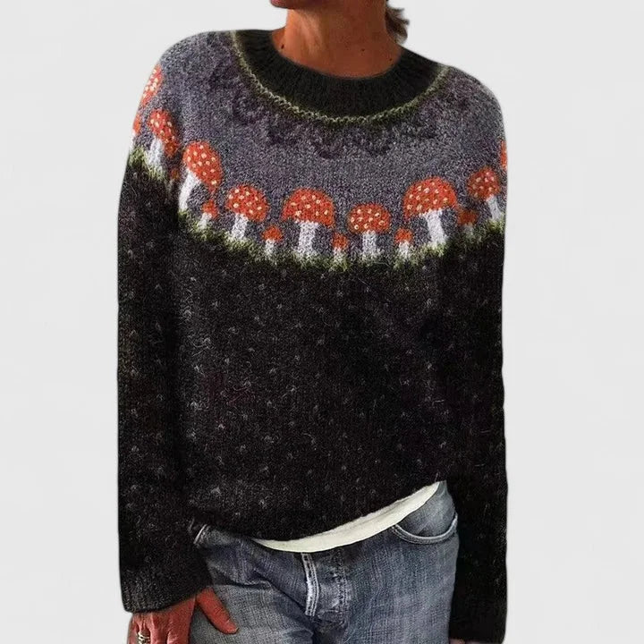 Pull femme col rond à motif jacquard fair isle – Noir