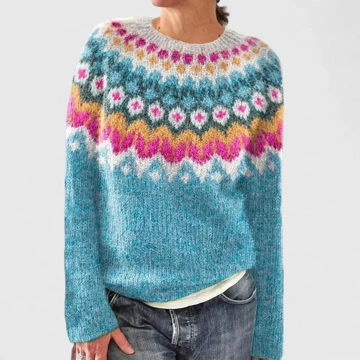 Pull femme col rond à motif jacquard fair isle – Bleu océan