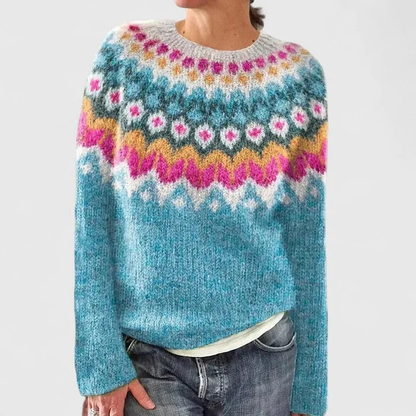 Pull femme col rond à motif jacquard fair isle – Bleu océan