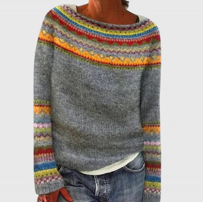Pull femme col rond à motif jacquard fair isle – Gris clair