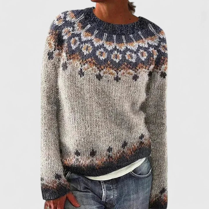 Pull femme col rond à motif jacquard fair isle – Gris foncé