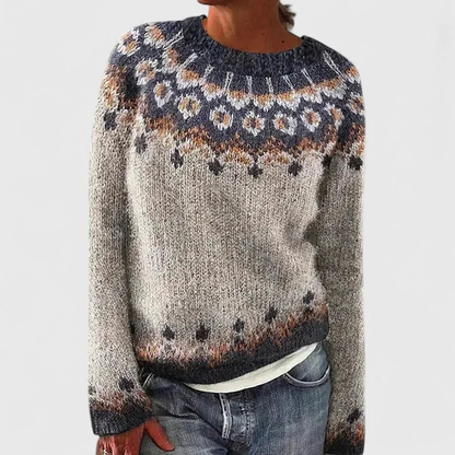 Pull femme col rond à motif jacquard fair isle – Gris foncé