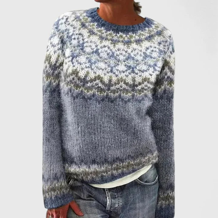 Pull femme col rond à motif jacquard fair isle – Bleu foncé