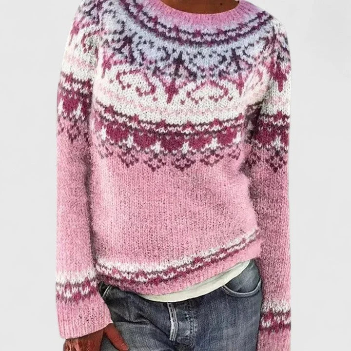 Pull femme col rond à motif jacquard fair isle – Rose