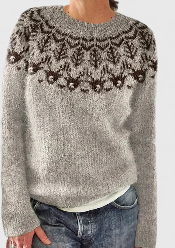 Pull femme col rond à motif jacquard fair isle – Gris