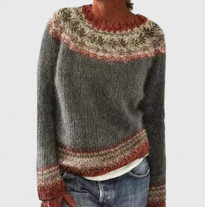 Pull femme col rond à motif jacquard fair isle – Gris perle