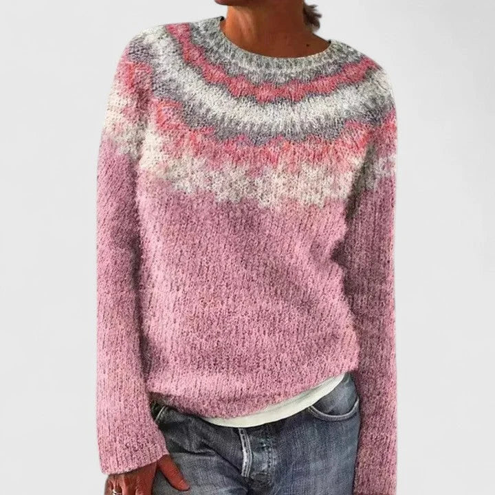 Pull femme col rond à motif jacquard fair isle – Rose poudré