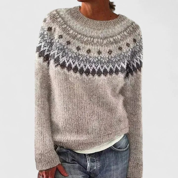 Pull femme col rond à motif jacquard fair isle – Anthracite