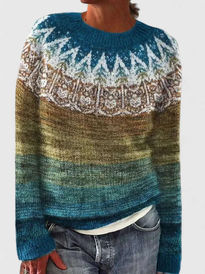 Pull femme col rond à motif jacquard fair isle – Vert océan