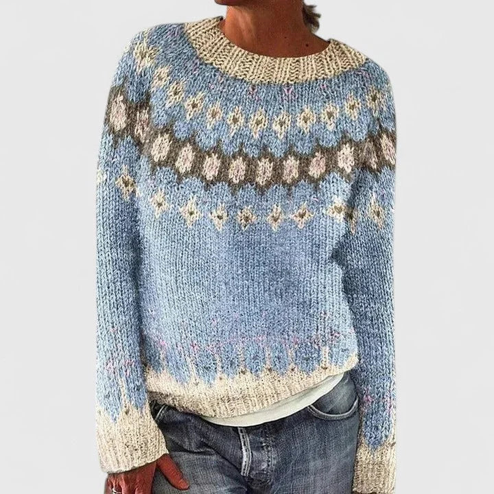 Pull femme col rond à motif jacquard fair isle – Bleu clair