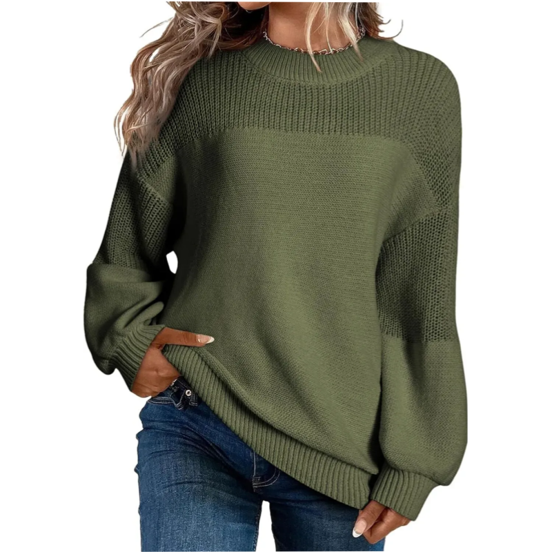 Pull femme col rond en tricot doux à finitions côtelées – Vert kaki