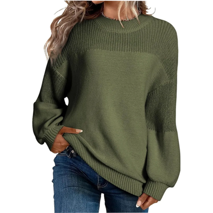 Pull femme col rond en tricot doux à finitions côtelées – Vert kaki