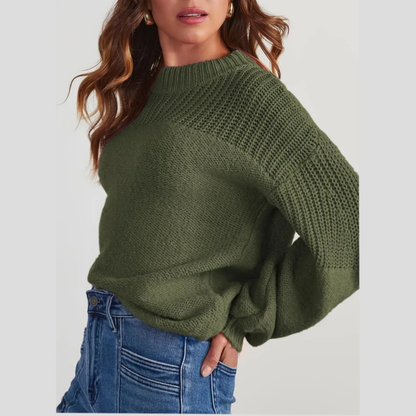 Pull femme col rond en tricot doux à finitions côtelées
