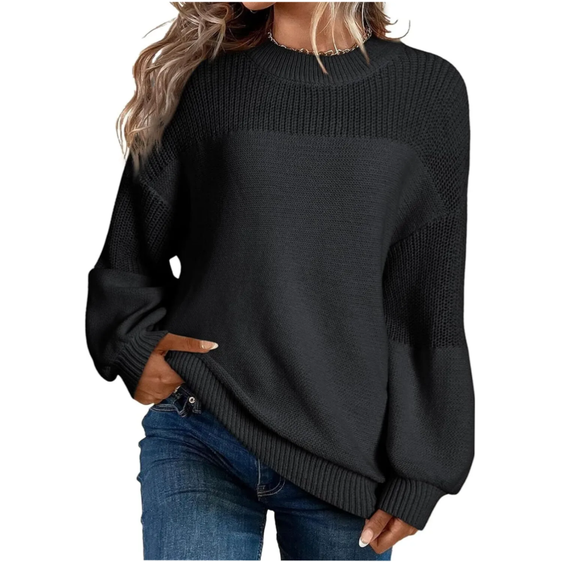 Pull femme col rond en tricot doux à finitions côtelées – Noir