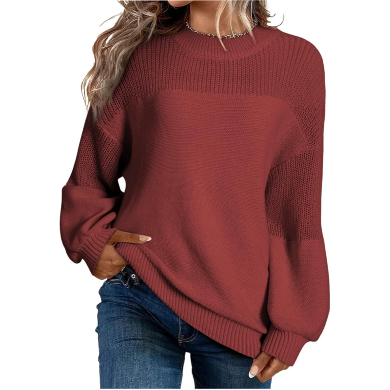 Pull femme col rond en tricot doux à finitions côtelées – Bordeaux