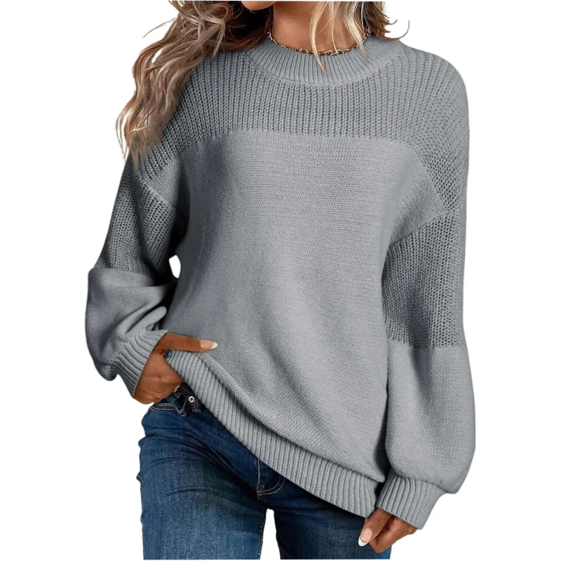 Pull femme col rond en tricot doux à finitions côtelées – Gris