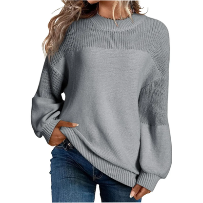 Pull femme col rond en tricot doux à finitions côtelées – Gris