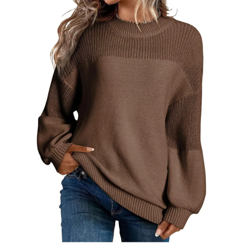 Pull femme col rond en tricot doux à finitions côtelées – Marron