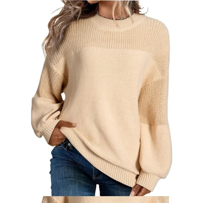 Pull femme col rond en tricot doux à finitions côtelées – Amande