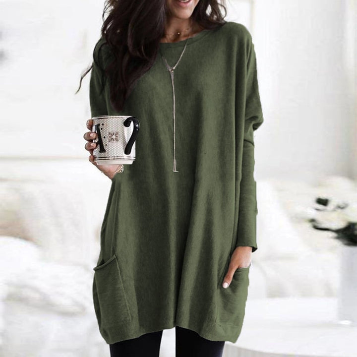 Pull oversize femme col rond à poches et longueur tunique – Vert