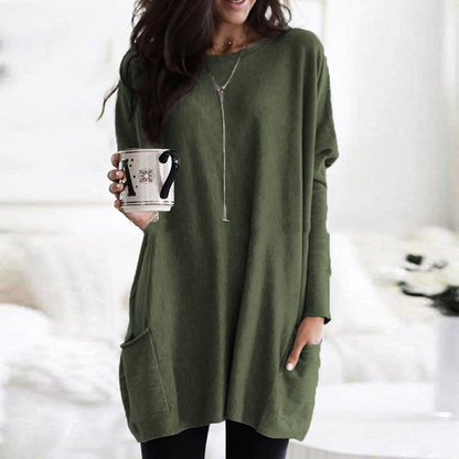 Pull oversize femme col rond à poches et longueur tunique – Vert