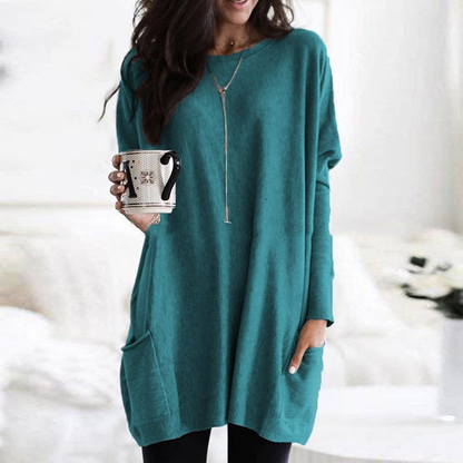 Pull oversize femme col rond à poches et longueur tunique – Vert émeraude