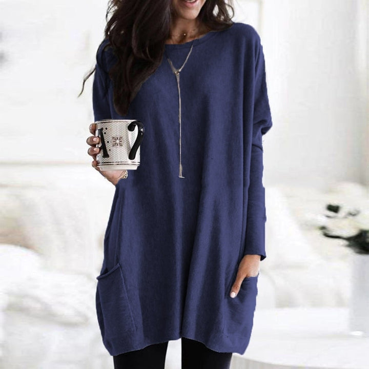 Pull oversize femme col rond à poches et longueur tunique – Bleu