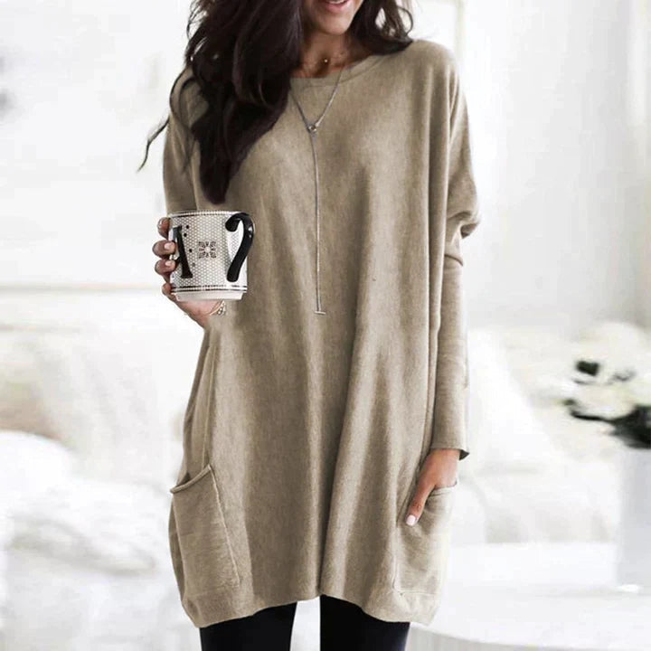 Pull oversize femme col rond à poches et longueur tunique – Jaune pâle