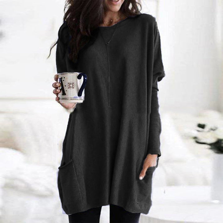 Pull oversize femme col rond à poches et longueur tunique – Noir