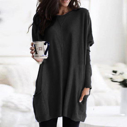 Pull oversize femme col rond à poches et longueur tunique – Noir