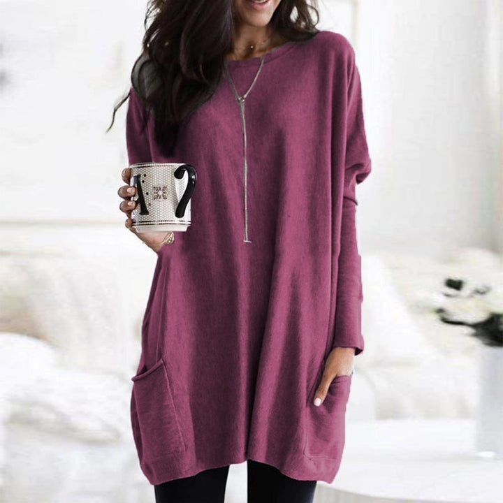 Pull oversize femme col rond à poches et longueur tunique – Mûre