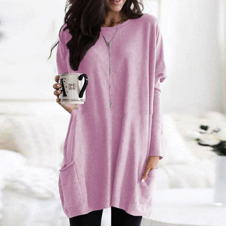 Pull oversize femme col rond à poches et longueur tunique – Rose